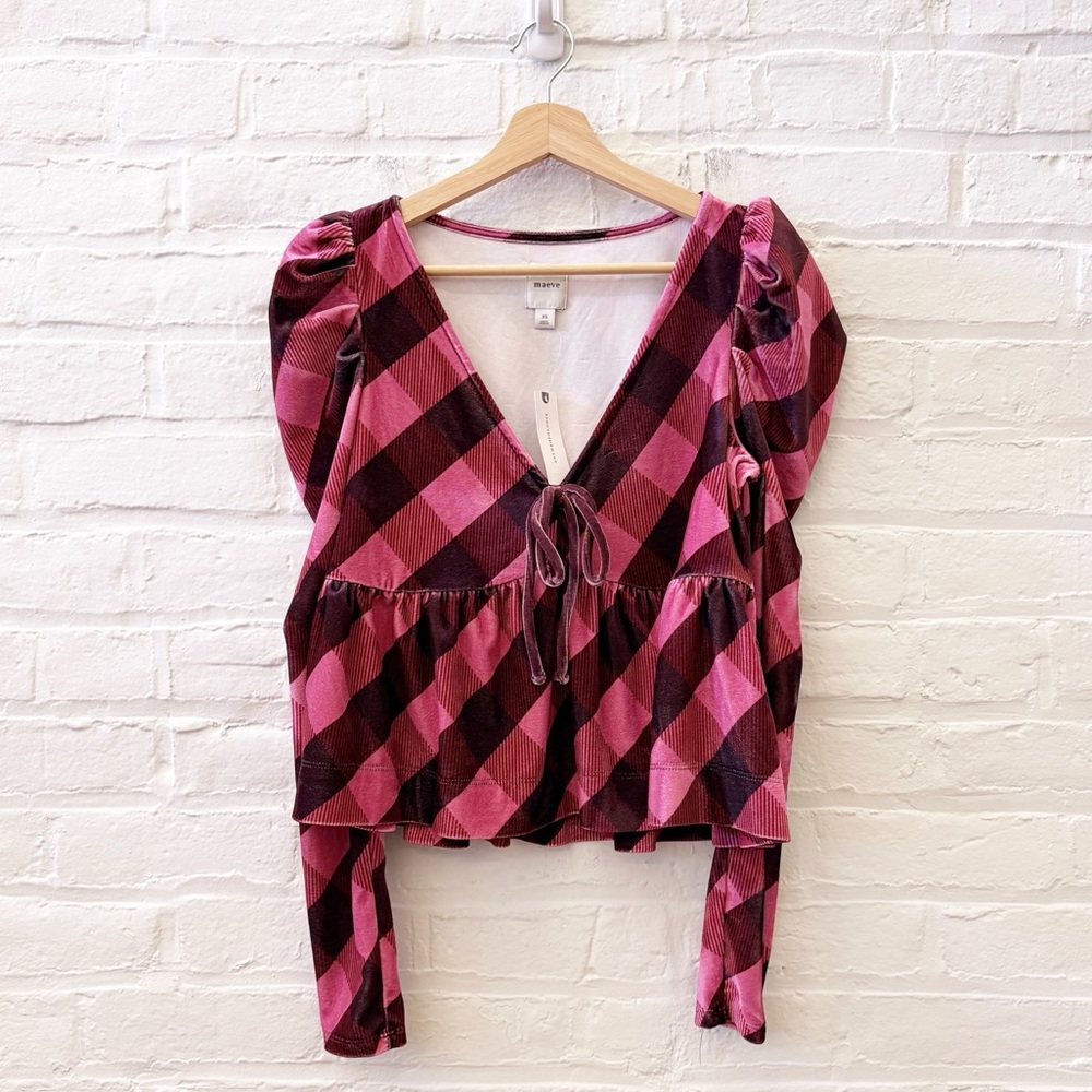 Anthropologie || Maeve Velvet Babydoll Top Checked Pink XS NWT